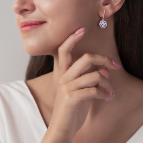 Kolczyki Savicki: dwukolorowe złoto, niebieskie szafiry, diamenty